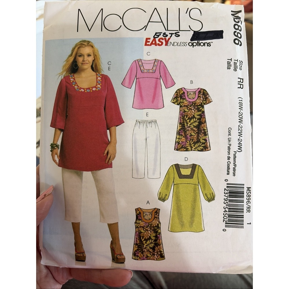 McCalls M5896 Sewing Pattern Womens Tops Dresses Capri Pants Size 18W-24W Uncut